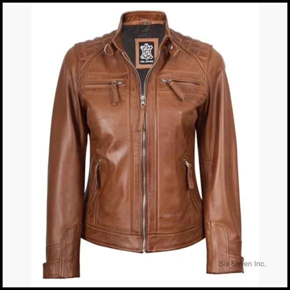 Lambskin Leather Jacket Women Quilted Cafe Racer Style